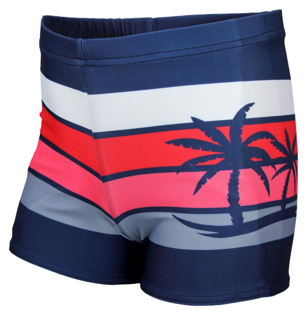 Aquarti Jungen Badehose Gestreift mit Motiven, Farbe: Dunkelblau / Rot / Palmen, Größe: 122