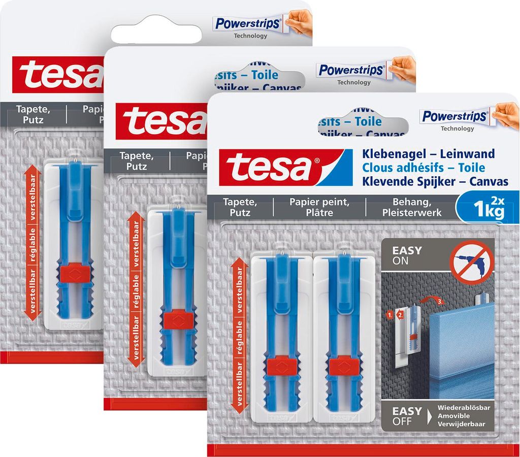 tesa 3x Leinwand Klebenagel selbstklebend Tapeten Putz höhenverstellbar 2 Stück