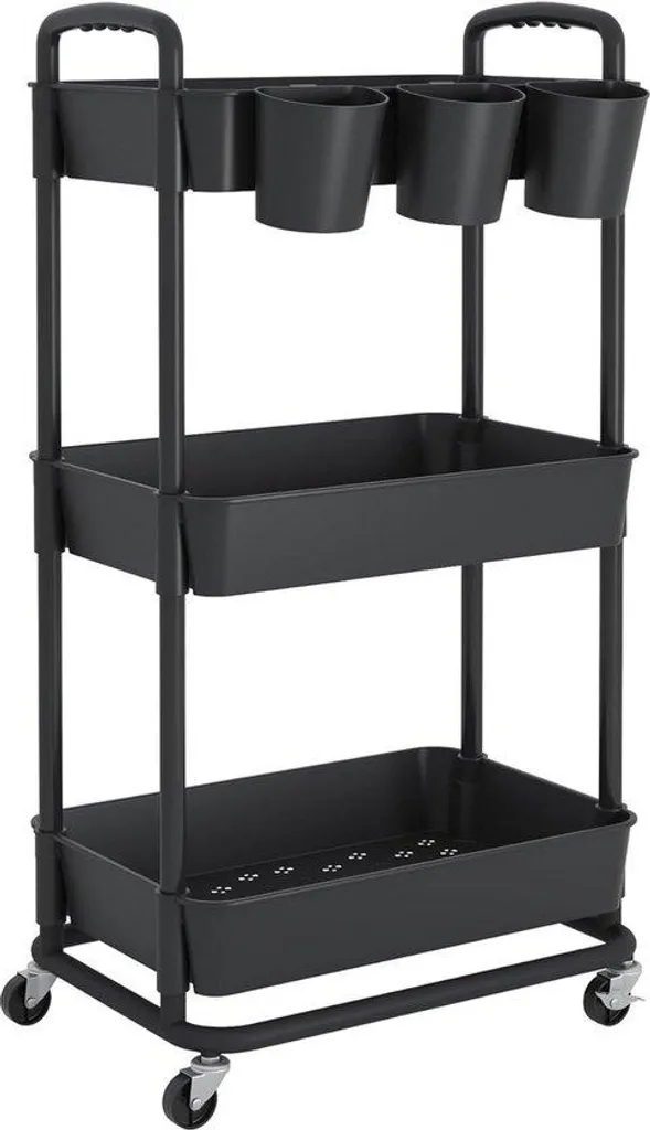 Chariot de rangement pour atelier et bureau 3 niveaux noir à roues