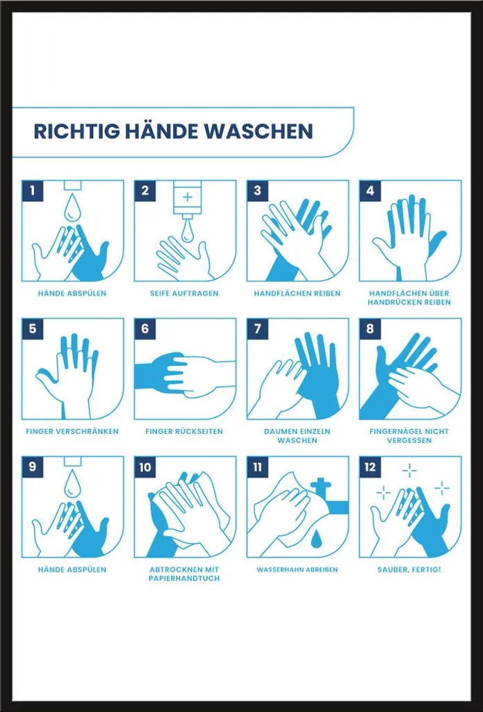 Affiche de Lavage des Mains avec Cadre Mural Noir et Protection Acrylique