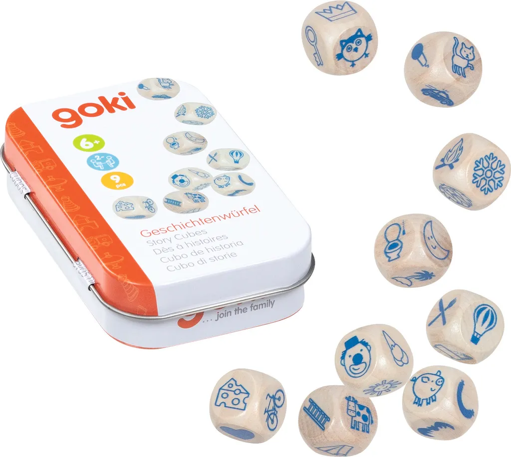 Cube à histoires dans une boîte en fer blanc - Jeu créatif 9 dés bois