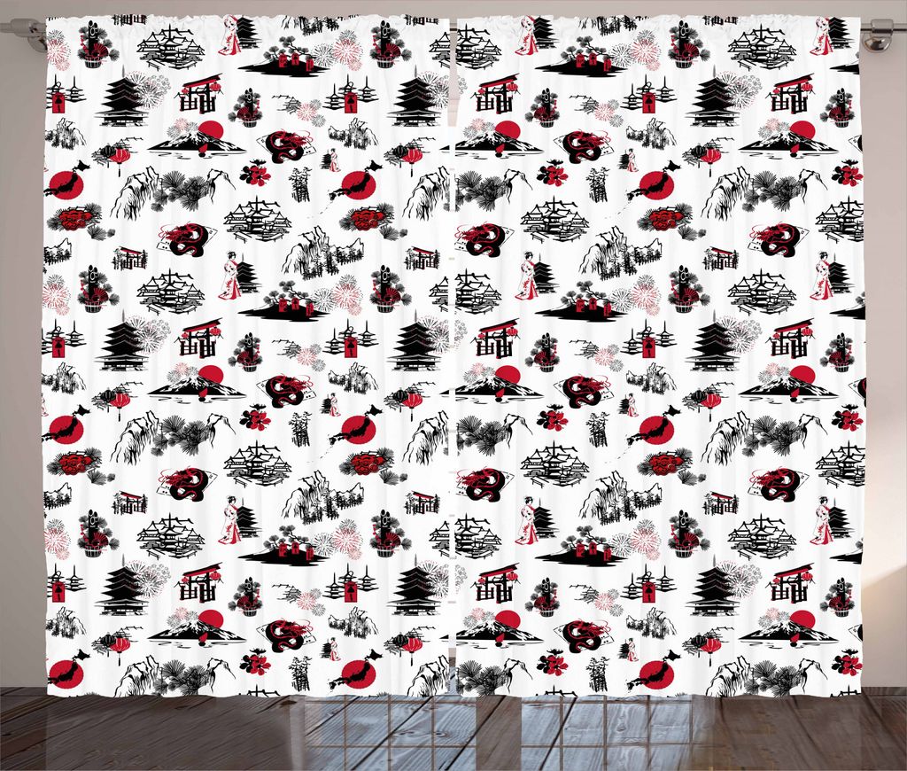 ABAKUHAUS asiatisch Rustikaler Gardine, japanische Architektur, Schlafzimmer Kräuselband Vorhang mit Schlaufen und Haken, 280 x 245 cm, Dunkle Kor...