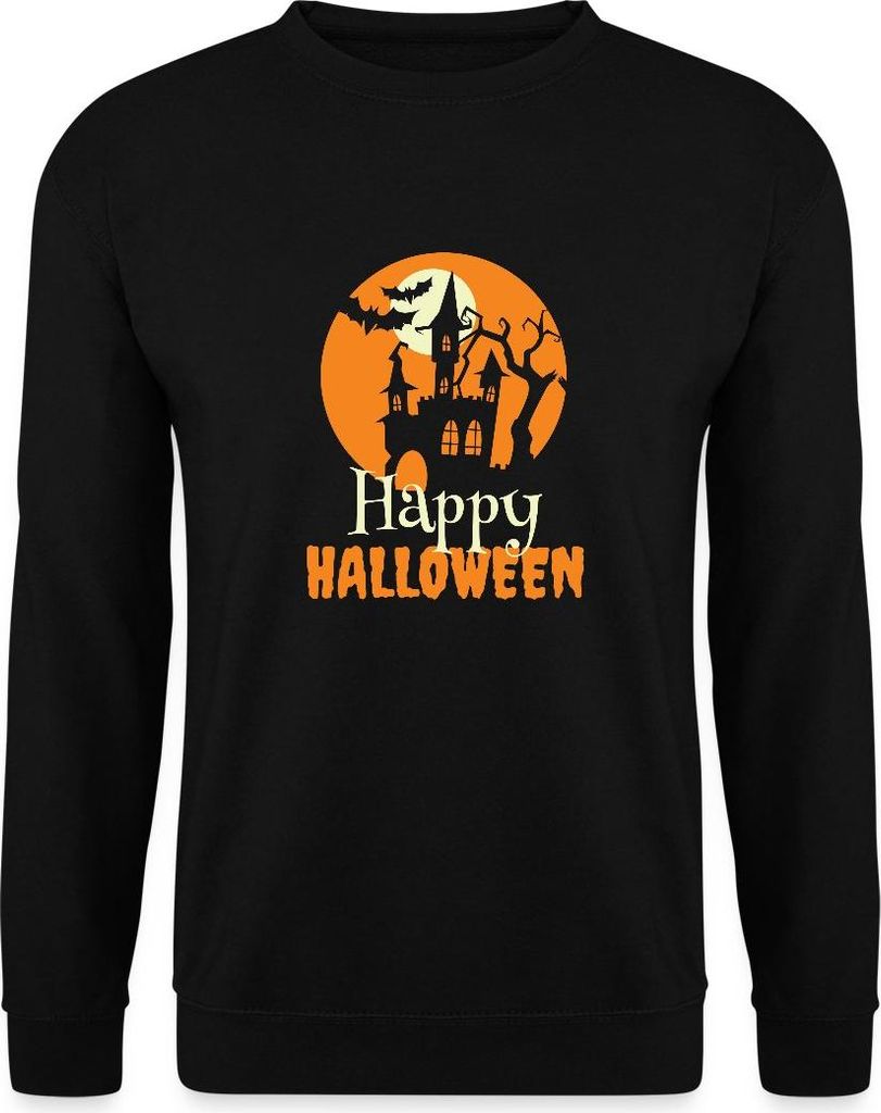 Spreadshirt Happy Halloween Spukhaus Mit Vollmond Und Fledermaus Uni Pullover, S, Schwarz