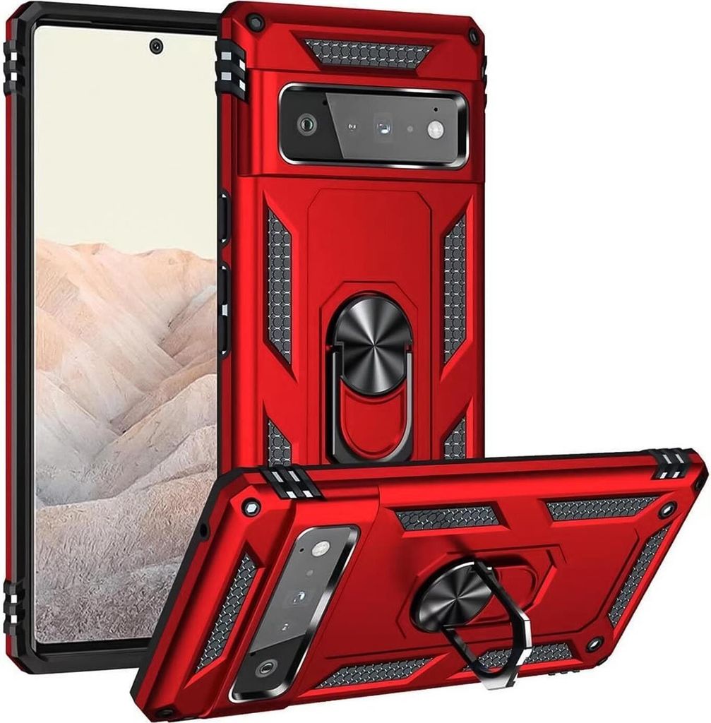 Conie Outdoor Schutzhülle für Google Pixel 6 Pro Tasche Silikon Hard Case Cover Hülle mit Halter Ständer in Rot