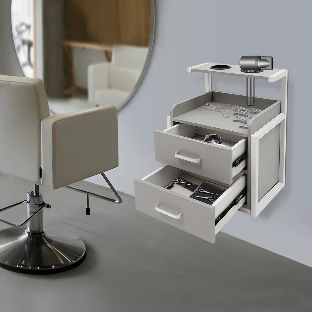 Armoire murale de salon à 2 tiroirs pour matériel de coiffure - Gris