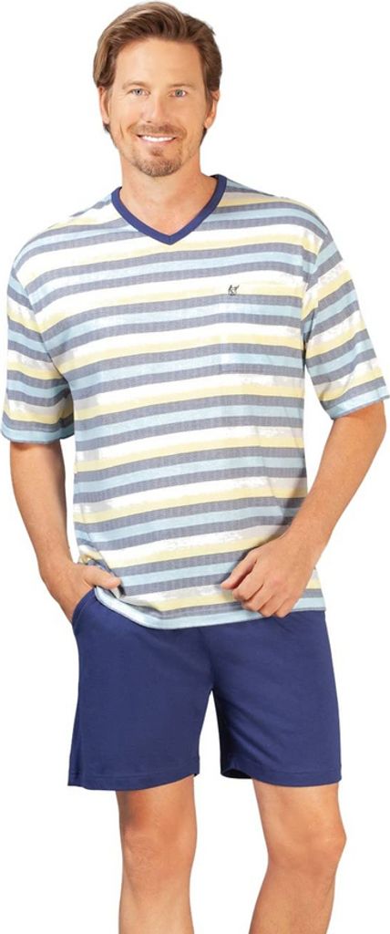 Hajo Herren Schlafanzug Shorty V-Ausschnitt Premium Baumwolle Lyocell Atlantik