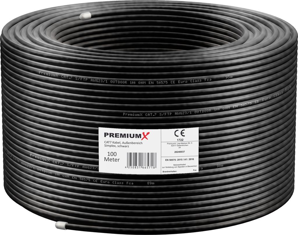Premium X CAT 7 Outdoor Netzwerkkabel 100m S/FTP 10 Gbit/s PE AWG23/1 schwarz