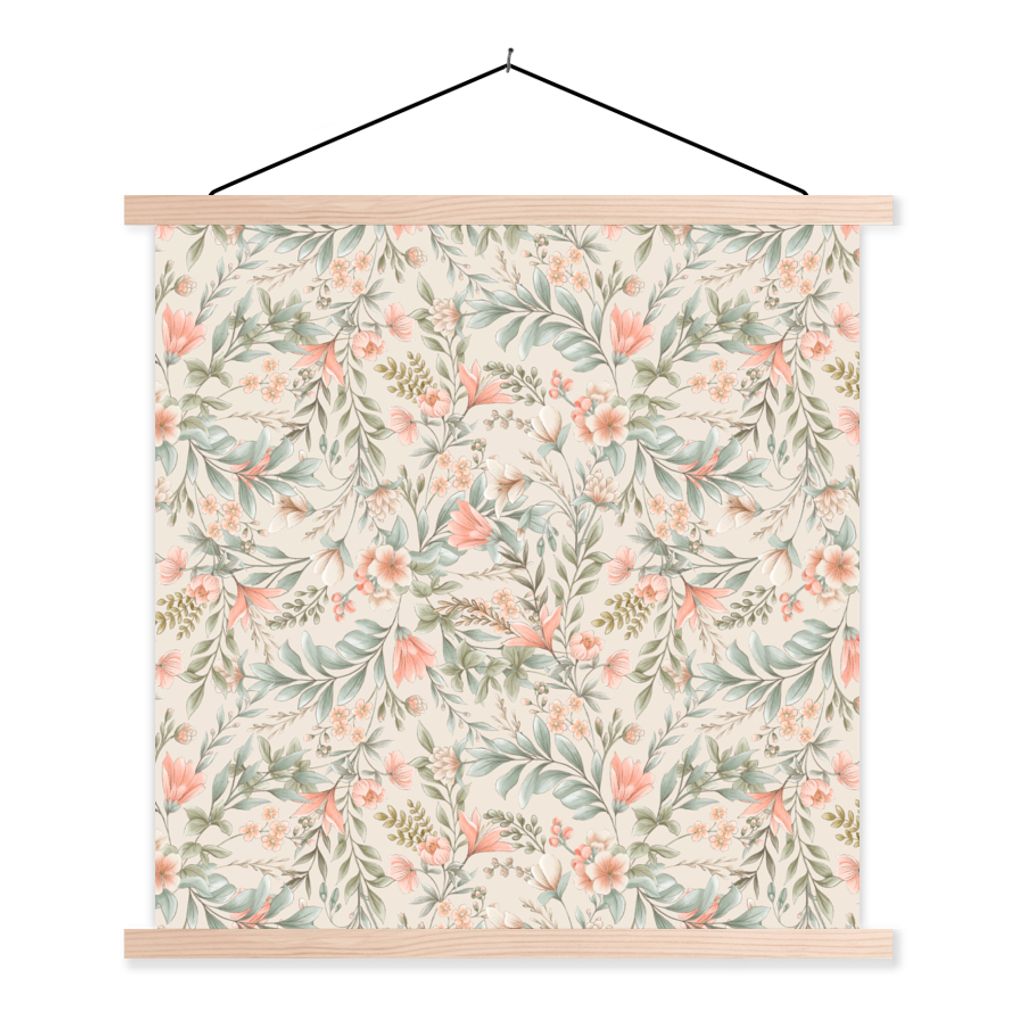 MuchoWow Textilposter Blumen - Vintage - Muster 60x60 cm mit holzfarbenen Rahmen - Wanddekoration