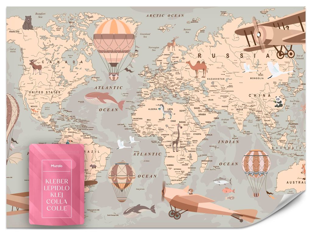 Vlies Fototapete für Mädchen Jungen Weltkarte Erdkarte Tiere Flugzeuge Ballons Wanddeko für Kinderzimmer Br. 90 cm x Hö. 60 cm