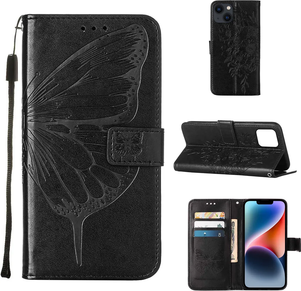 custodia per iPhone 14, Custodia in pelle Flip Butterfly Relief con slot per schede e supporto per iPhone 14 nero