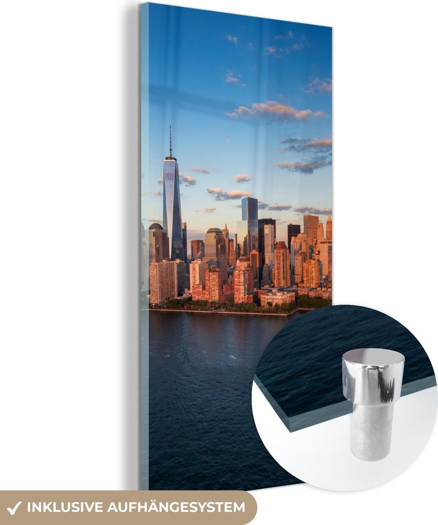 MuchoWow Glasbilder - Bilder auf Wandbild - Foto auf Glas New York - Skyline - Boot 60x120 cm Wanddekoration aus Glas - Acrylglasbild - Acrylbilder...