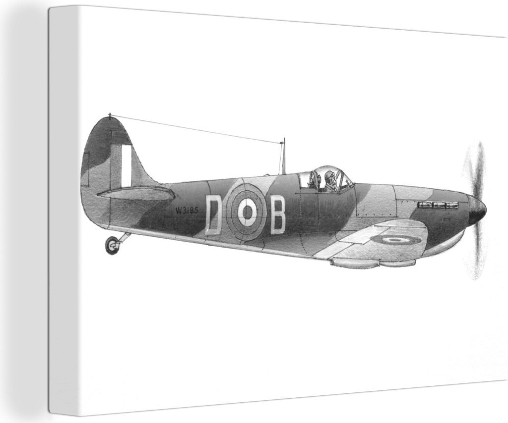 OneMillionCanvasses - Leinwandbilder - 140x90 cm, Eine Illustration einer Supermarine Spitfire - schwarz und weiß, Wandbilder Kunstdruck Wanddek...