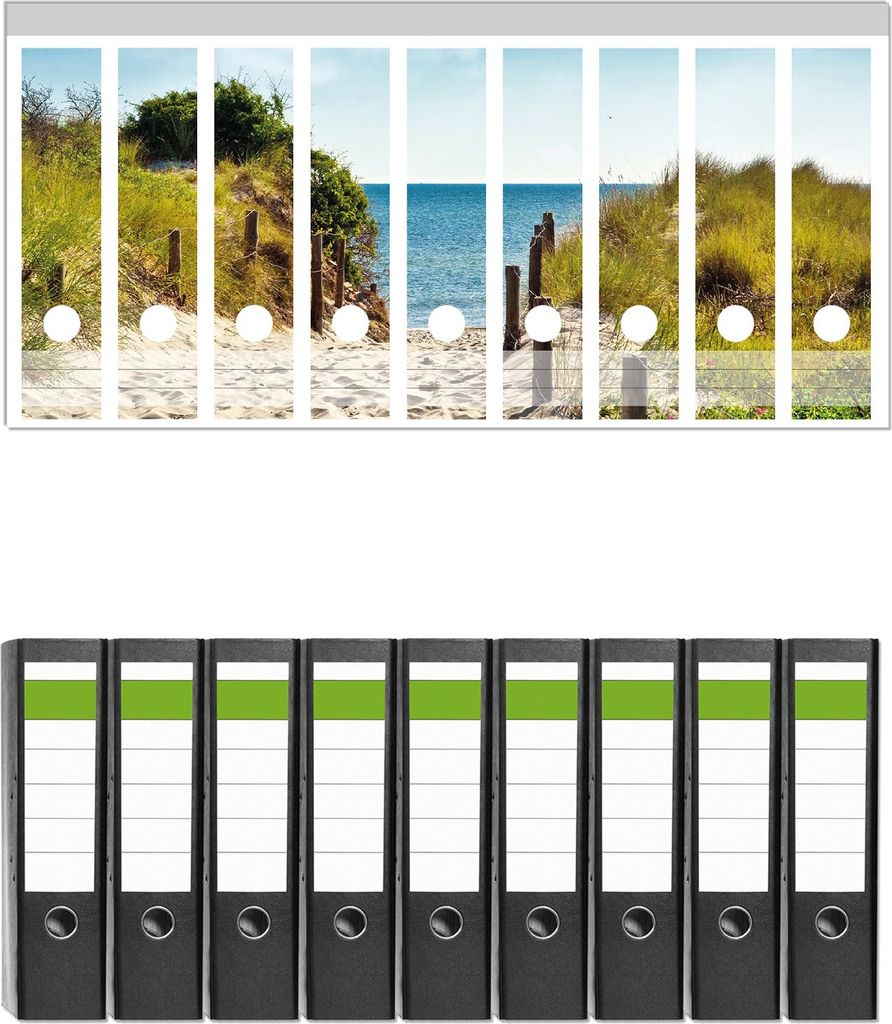 Wallario 9 Stück breite Ordner inkl. Klebeetiketten mit Motive Auf dem Sandweg zum Strand - Set mit Rückenschildern / Ordnerrücken Stickern
