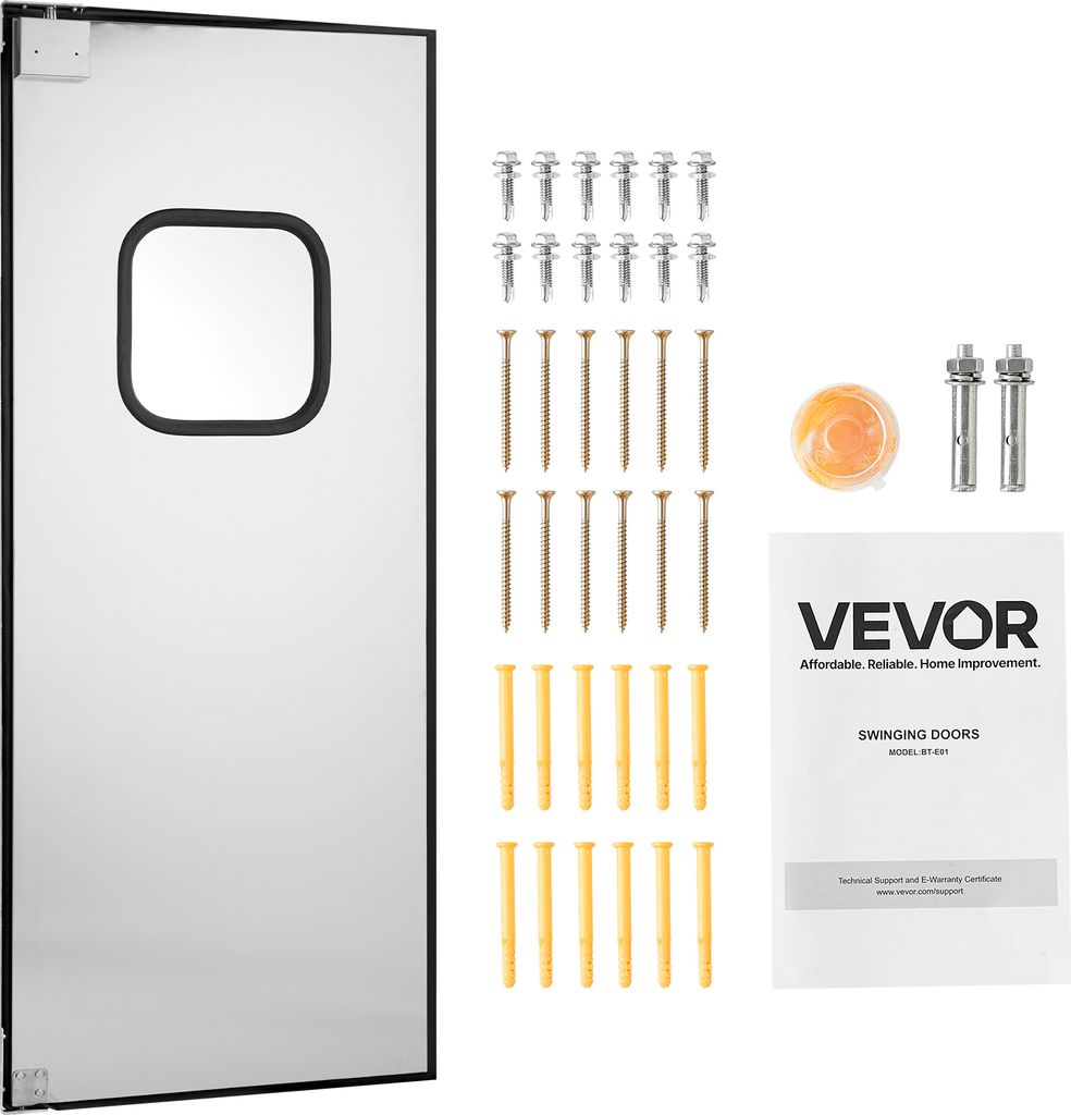 A stainless steel swinging door and its accompanying hardware and instructions are laid out on a white background.