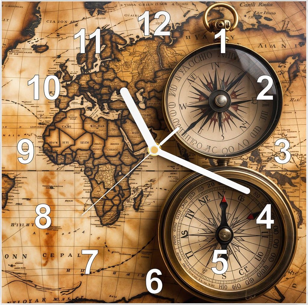 Wanduhr aus Glas mit Motiv Vintage Weltkarte Kompass- 30 x 30 cm - inkl. Aufhängesystem