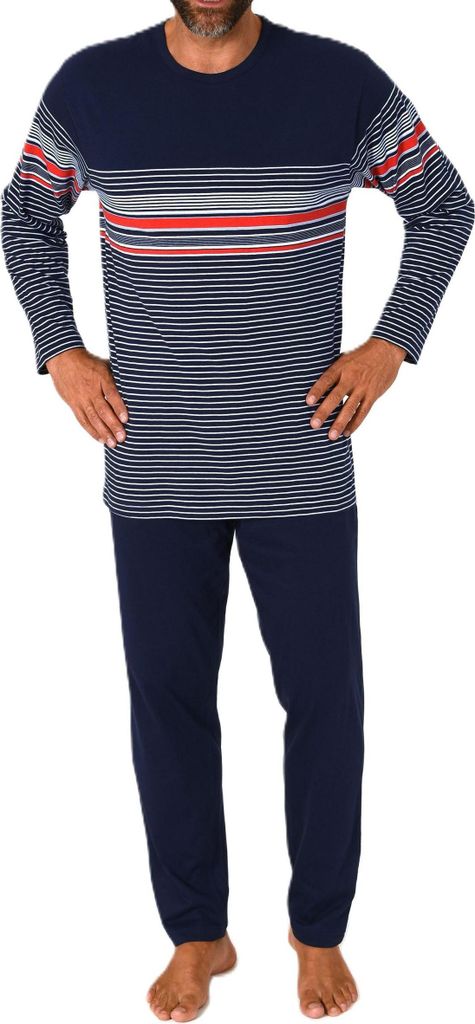 Normann Herren Schlafanzug Pyjama lang in eleganter Streifenoptik – auch in Übergröße ; rot , 60