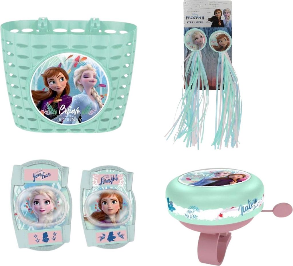 Gefrorenes Fahrradzubehör; Korb, Klingel, Fransen, Knie- und Ellbogenschoner