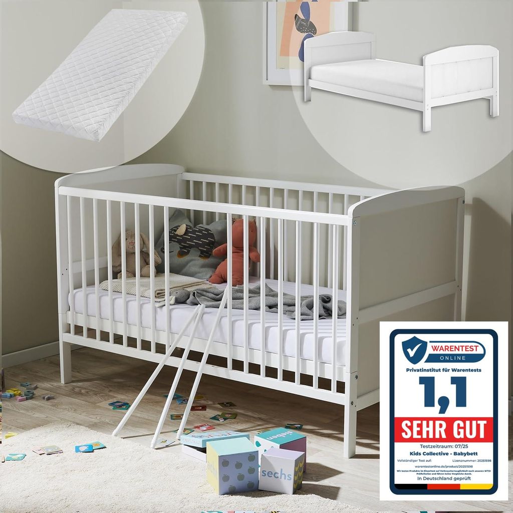 Babybett mit Matratze Kinderbett 70x140 cm Umbaubares Gitterbett höhenverstellbar & herausnehmbare Sprossen weiß von Geburt bis 6. Lebensjahr