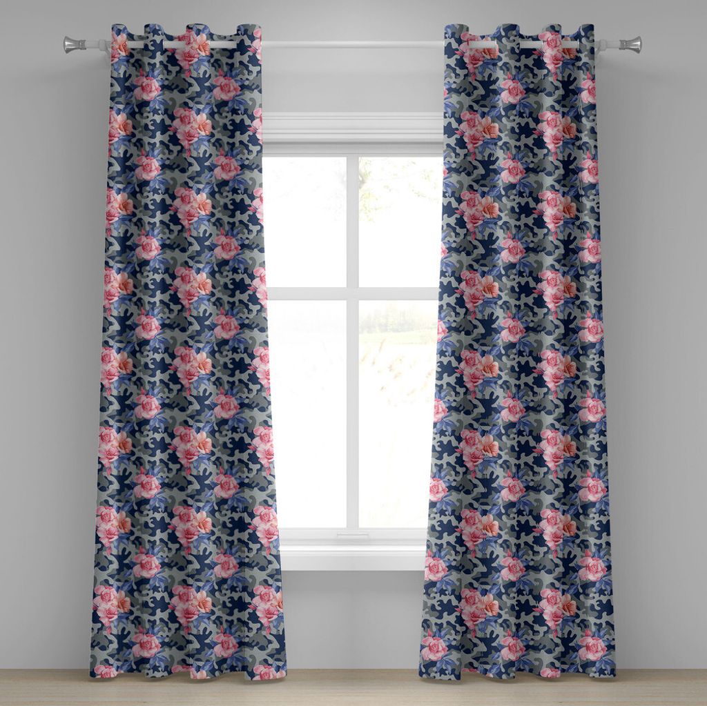 ABAKUHAUS Camo Ösenvorhang, Viktorianisches Thema Pink Retro Design Rosen Urban Fashion Natur Feminin, Dekorative 2-Panel-Fenstervorhänge, 280 cm...
