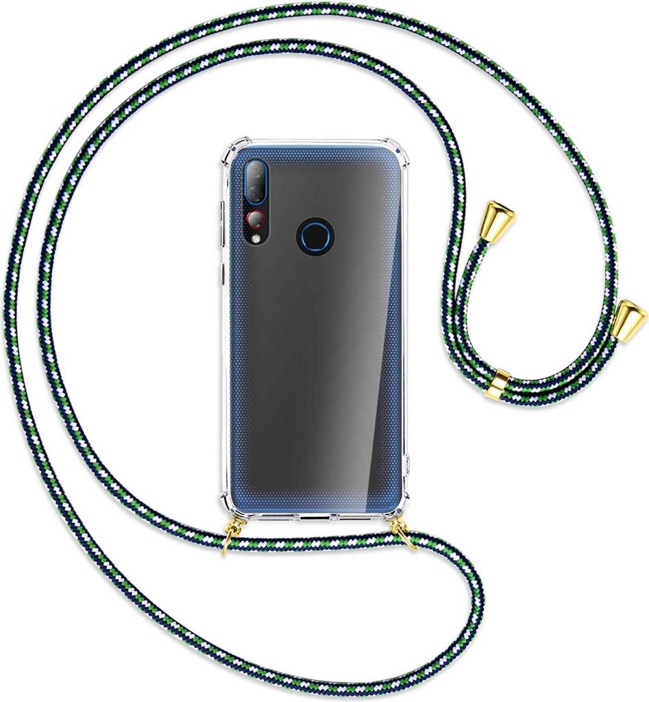 Handykette Backcover-Schutzhülle mit Band (Metall goldfarben) für HTC Desire 19 Plus / 19s - grün/blau/weiß