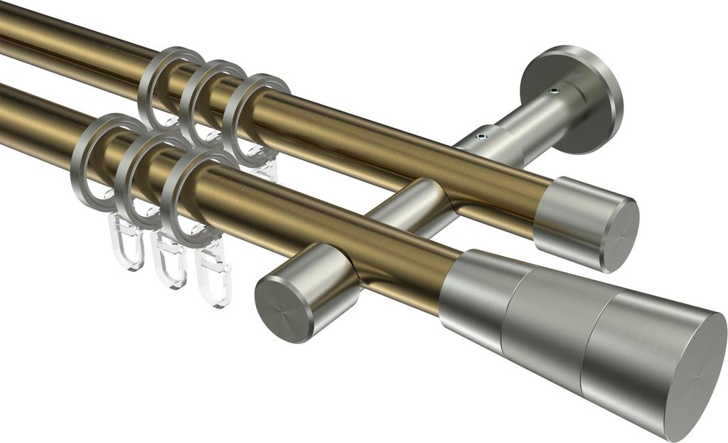 Interdeco Gardinenstange / Vorhangstange Messing Antik / Edelstahl-Optik, Typ Prestige Tanara (Konus), 20 mm Ø 2-läufig, 100 cm