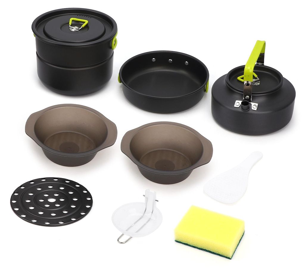 10-teiliges Camping-Kochgeschirrset: 2-Liter-Topf, Dampfgarer, 1-Liter-Pfanne, 1,1-Liter-Wasserkocher – tragbares, stapelbares Outdoor-Kochset f...