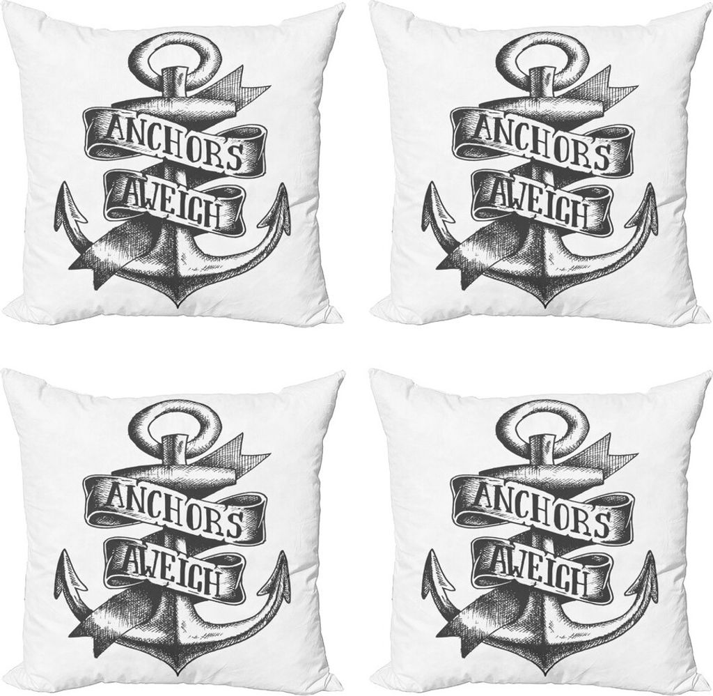 ABAKUHAUS Anker Kissenbezug Set (4 Stück), Tattoo Style Alt, Moderner Doppelseitiger Digitaldruck, 45 cm x 45 cm, Charcoal Grau Weiß