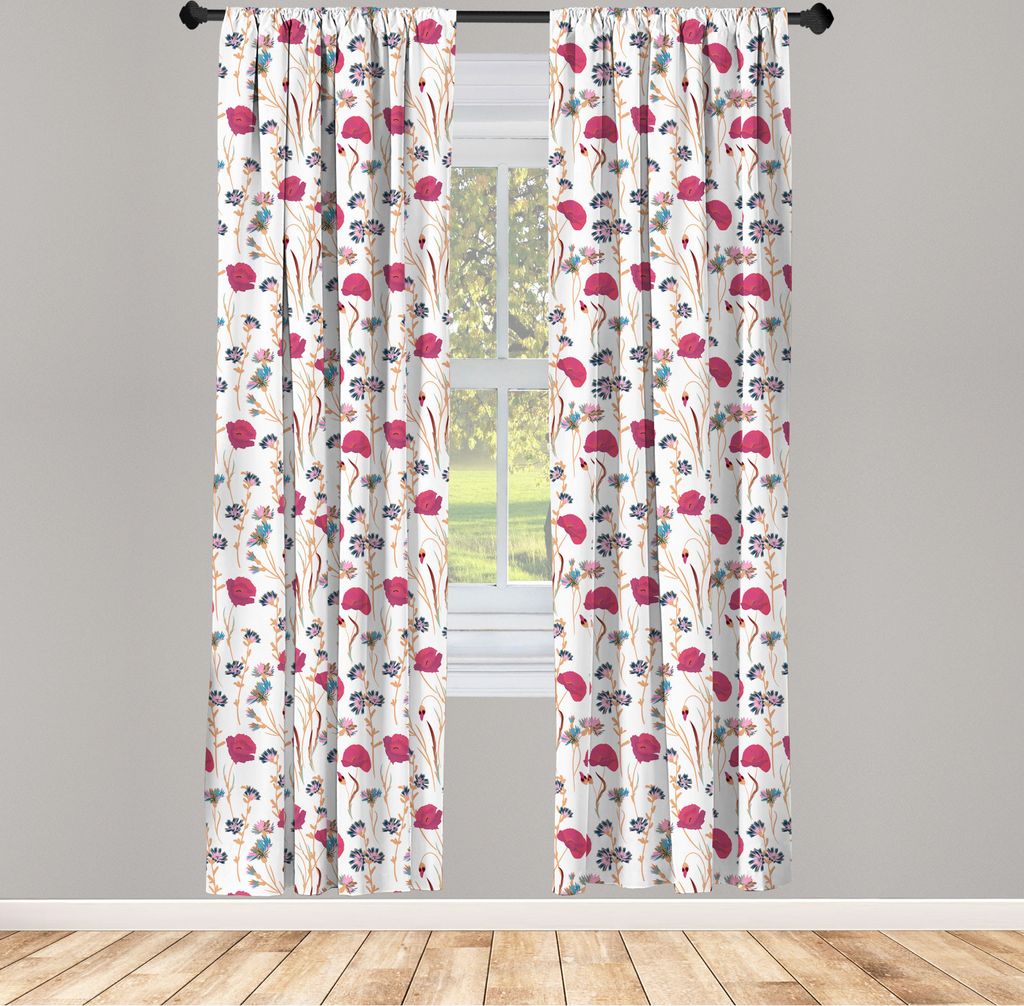 ABAKUHAUS Blumen Vorhänge, Gardinen, Pastelltöne Schöne Wildblumen Illustration auf einfachen Hintergrund, 2 Stück 75 x 225 cm, , Dunkle Magent...