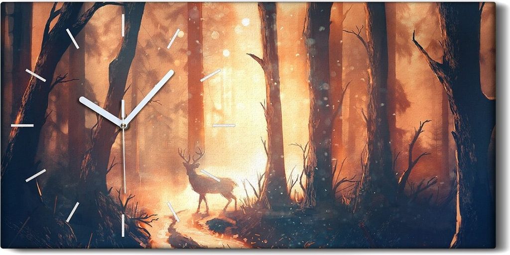 Dekor Leinwand Uhr Wandbilder Geräuschlos Kunstdruck 60x30 Hirsch im warmen Wald - weiße Hände