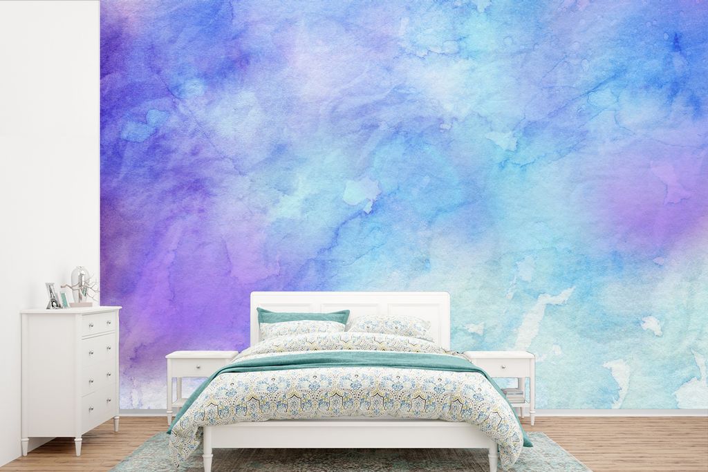 MuchoWow Fototapete für Wohnzimmer oder Schlafzimmer Wandtapete Vinyl Motivtapete Aquarell - Lila - Hellblau - 390x260 cm - Papiertapete