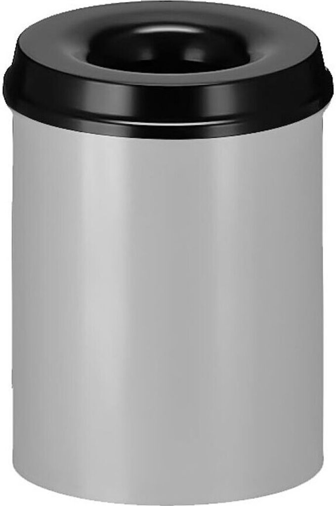 Selbstlöschender Papierkorb & Abfallsammler aus Metall | 15 Liter, HxØ 36x26cm | Alu-Grau, Kopfteil Schwarz