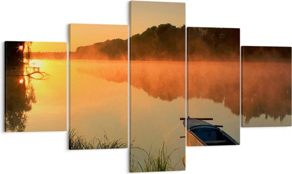 Bild auf Leinwand - Leinwandbild - Morgen Nebel See Landschaft - 125x70cm - Wand Bild - Wanddeko - Leinwanddruck - Bilder - Kunstdruck - Wanddekora...