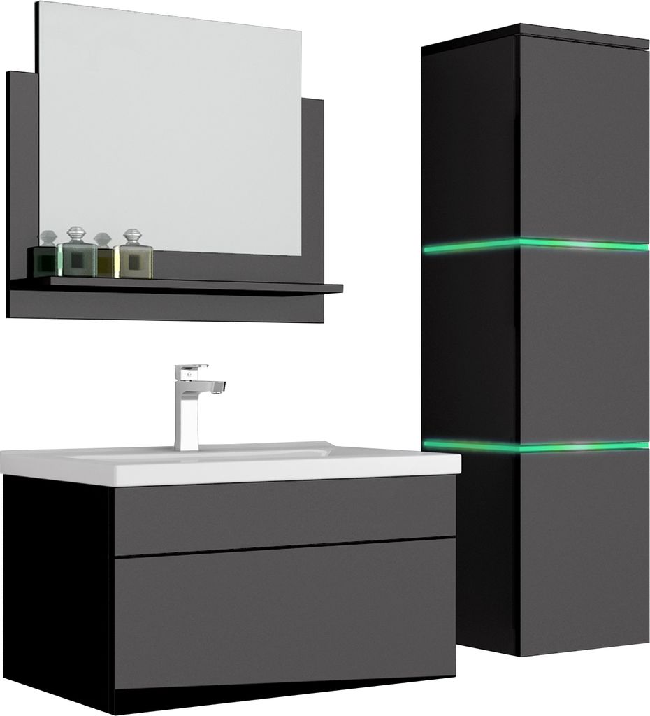 4 teiliges Waschplatz Badmöbel Komplettset inkl. LED Produktbild 