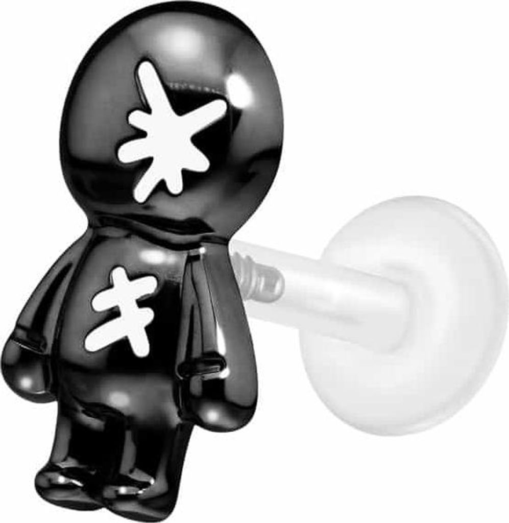 Ohrpiercing, Nasenpiercing PTFE Labret mit Innengewinde + Titan-Aufsatz PUPPE Schwarz Stablänge: 7mm | Stabstärke: 1,2mm