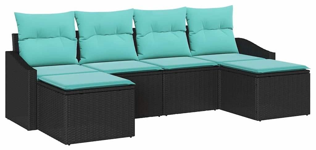 Sofa Set mit Kissen 6 pcs Schwarz Poly-Rattan