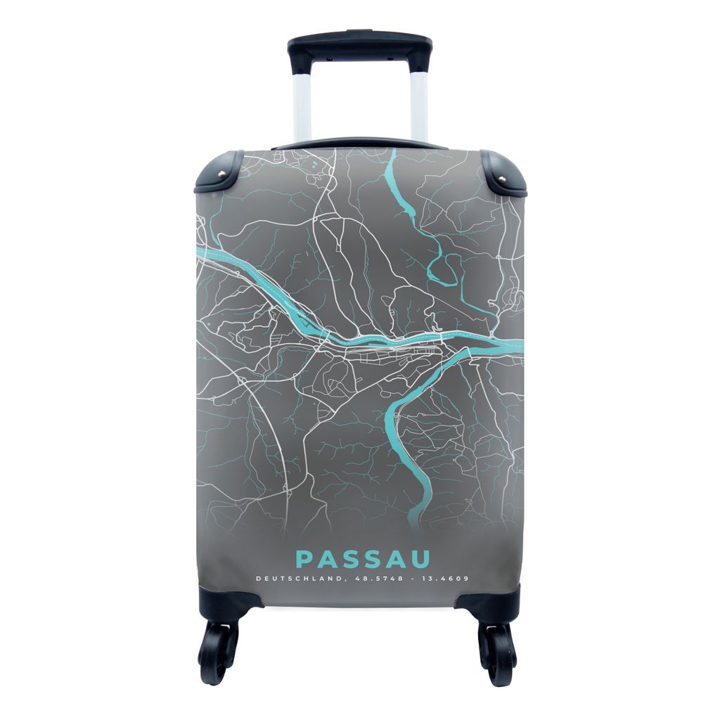 MuchoWow Koffer Handgepäck Trolley Rollkoffer Kleine Reisekoffer mit 4 Rollen - Stadtplan - Passau - Deutschland - Karte - Cabin Size < 55x40x23...
