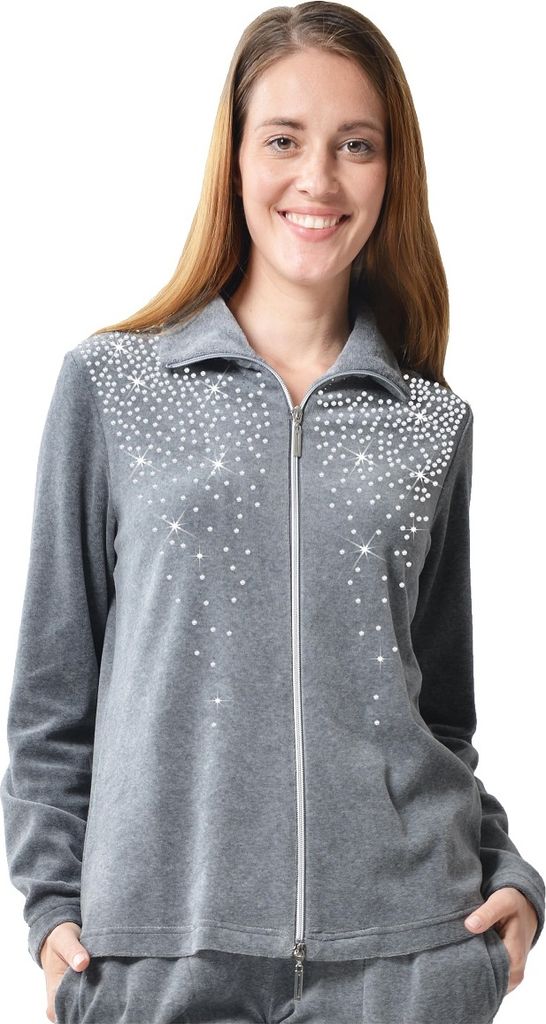 DESEN Damen Freizeitjacke Hausjacke Bluse Mit Reißverschluss Sport Heller Strassstein 80% Baumwolle Dunkel Lila Grau Melange 40/42