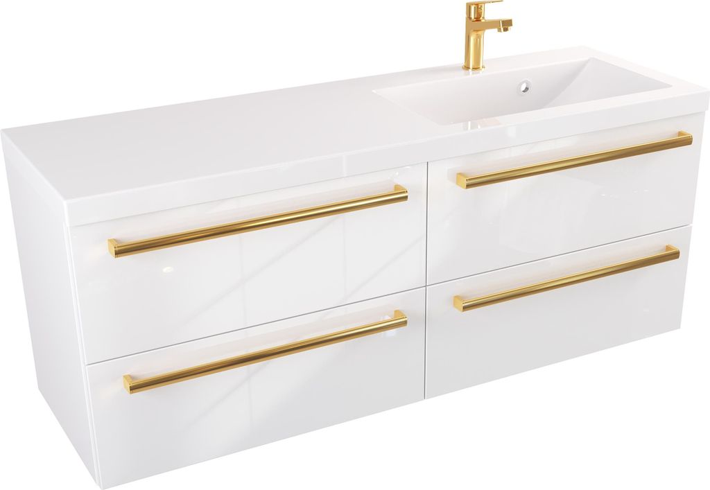 FURNI Waschtischunterschrank ATH 120 cm - Weiß Hochglanz - Hängender Badschrank mit Mineralguss-Waschbecken - Griffe - Vormontiert