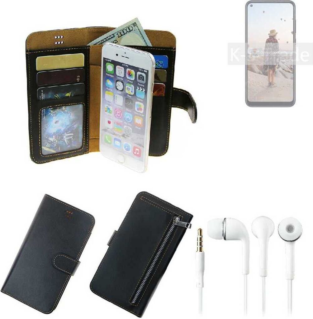 TOP SET Handy Hülle Schutz Hülle kompatibel mit Samsung Galaxy M11 schwarz aus Kunstleder + Kopfhörer Smartphone Tasche vollwertige Geldbörse