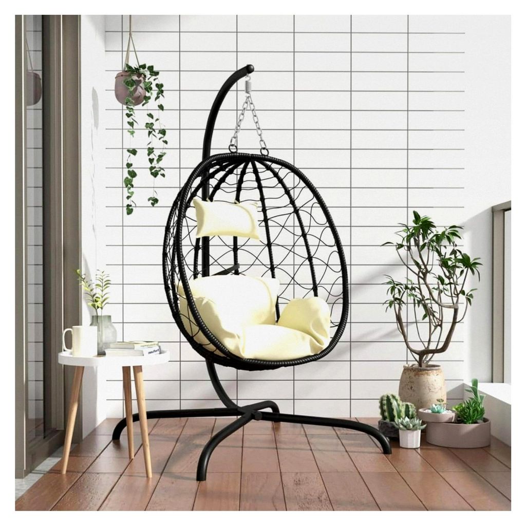 Hängesessel mit Kissen in Cremeweiß aus Poly Rattan und Stahl, Hängestuhl für Garten und Wohnzimmer