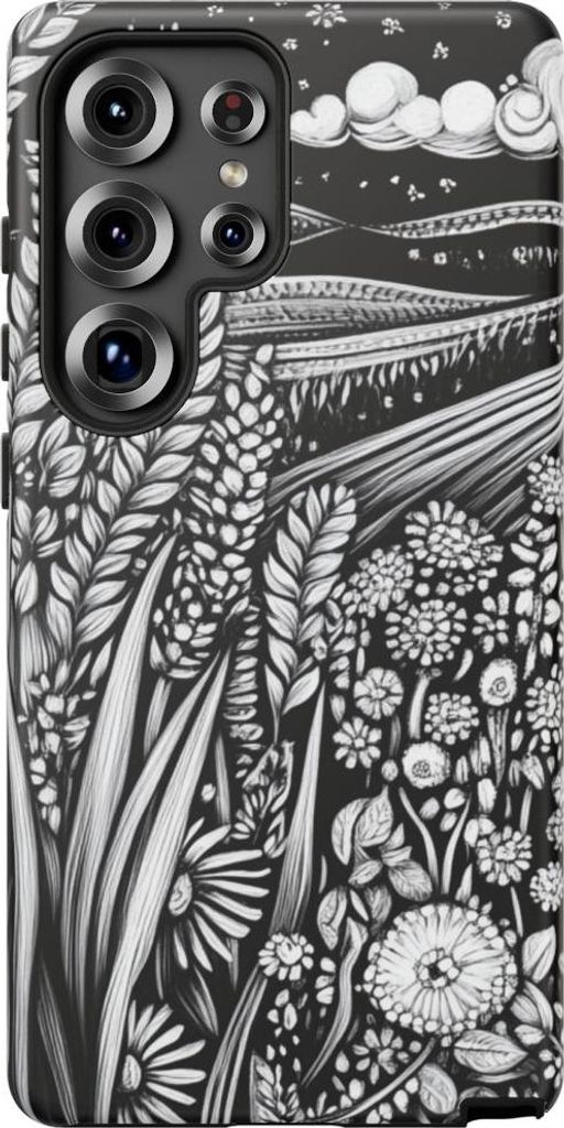 Schwarz-weißes Folklore-Landschaftsmotiv mit Weizen und Blumen – Hülle Kompatibel mit Galaxy S25 Ultra