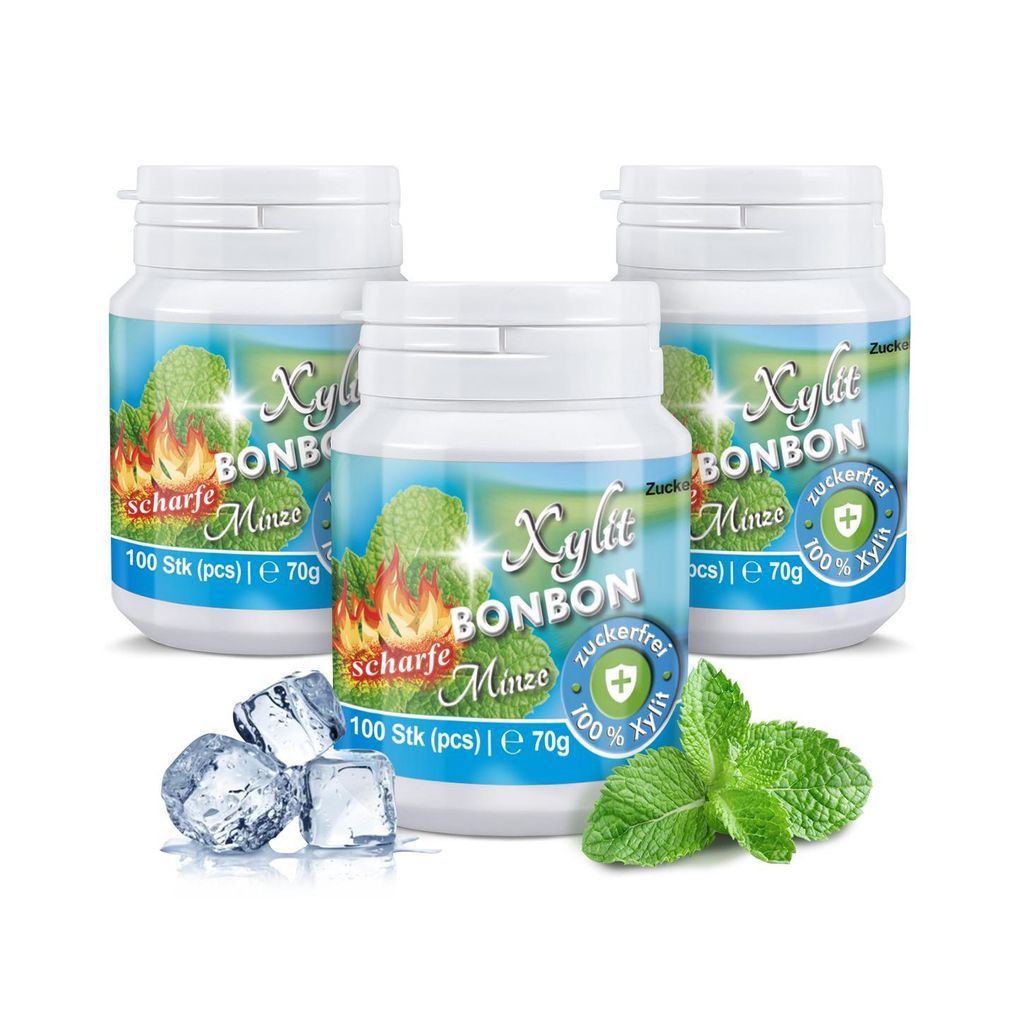 Xylit Birkenzucker Bonbon Frische Minze | 3 x 70g | 300 Xylit Bonbons für angenehmen Atem | zuckerfrei, vegan, ohne Aspartam