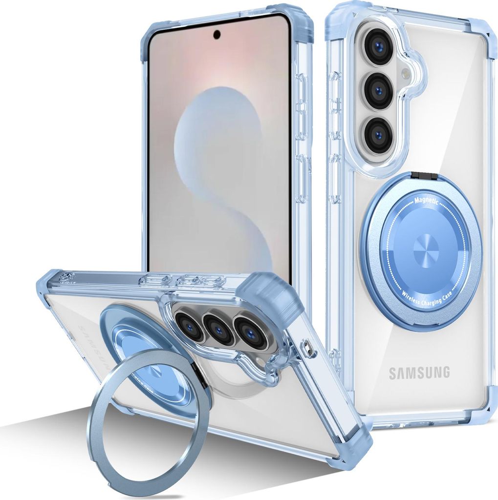 Handyhülle für Samsung Galaxy S26 Magnetisches Ringhalter Ständer Kompatibel mit Magsafe Militärschutz Transparente Hülle Blau