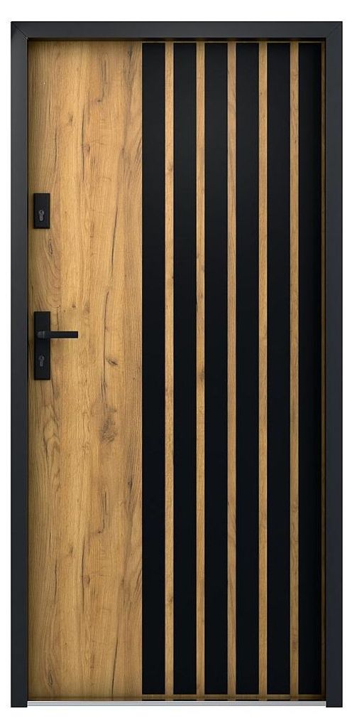 Eingangstür aus massivem Stahl H 207 x B 100 cm - Eicheimitat und schwarze Streifen - links einwärts öffnend - COBRITA