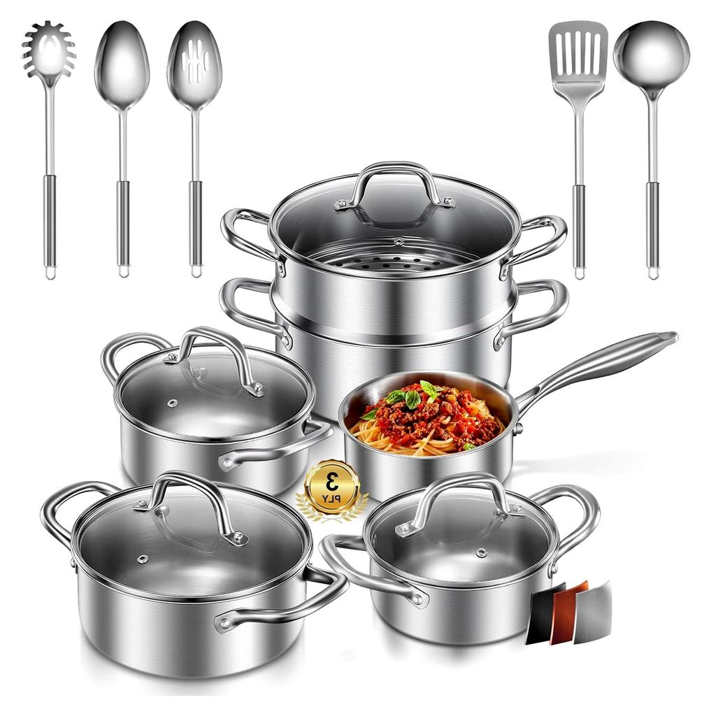 15-teiliges Topfset aus dreilagigem Stahl, Edelstahl Kochtopfset induktionsgeeignet für alle Herdarten, mit Dampfgarer und 5-teiligem Löffelzubeh...