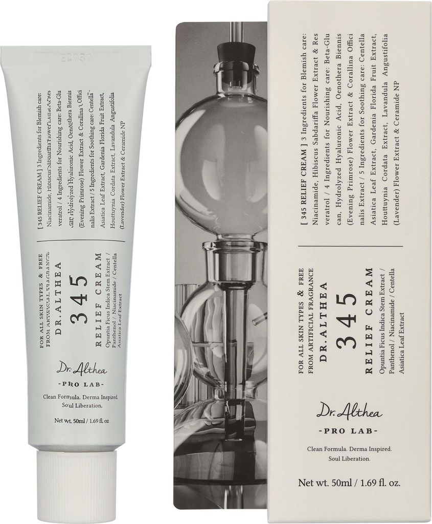 A product shot of a skincare cream tube and its packaging box, with a background illustration of laboratory equipment.