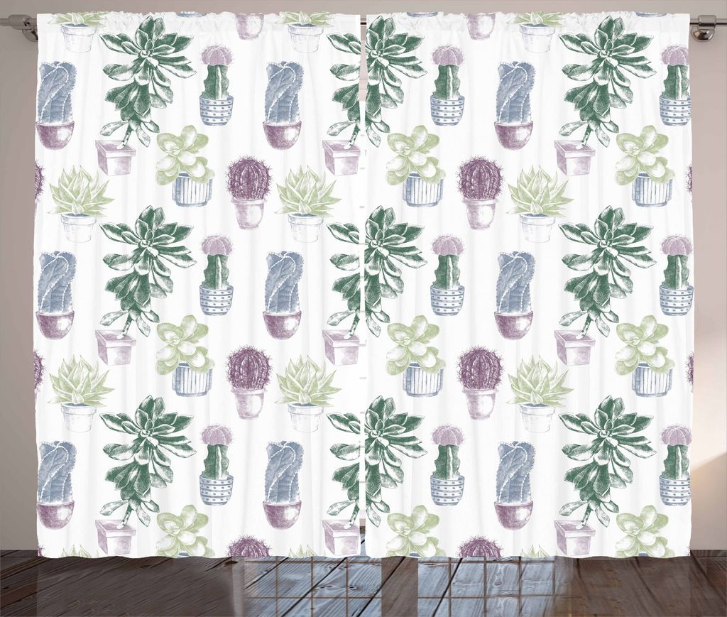 ABAKUHAUS Kaktus Rustikaler Gardine, Einheimische Flora mit Blossom, Schlafzimmer Kräuselband Vorhang mit Schlaufen und Haken, 280 x 175 cm, Mehrf...
