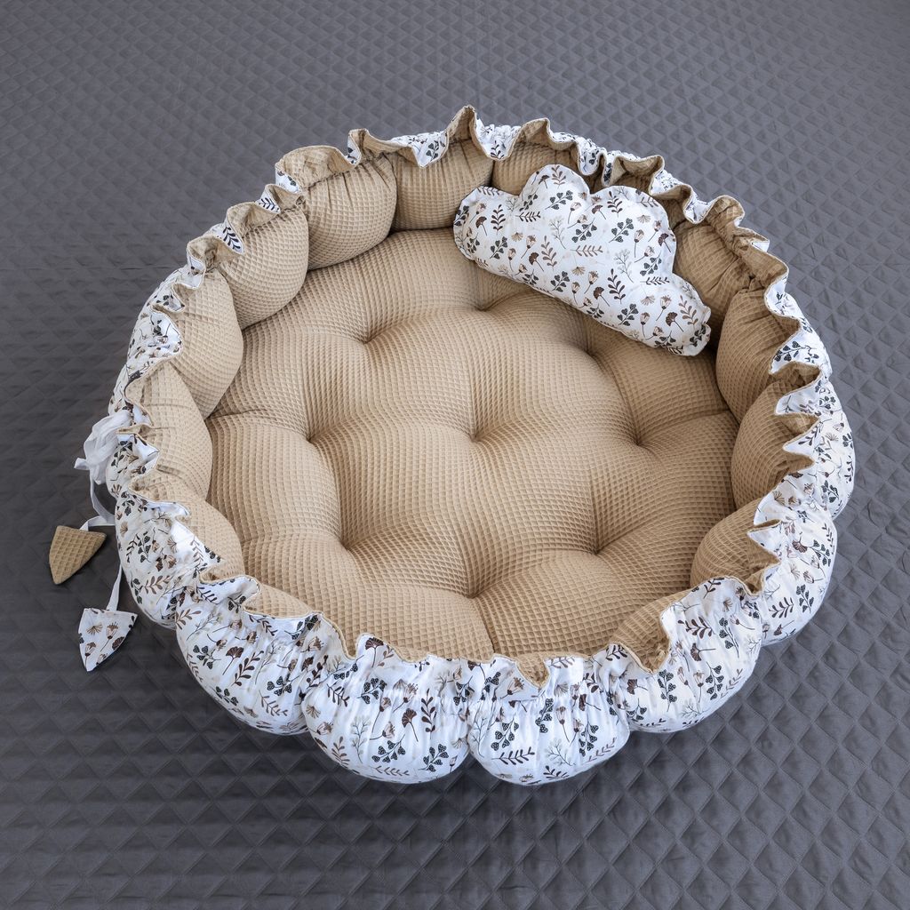 Zweiseitig Babynest ENGELSNEST XXL Blumen BRAUN Baumwolle/ Produktbild 