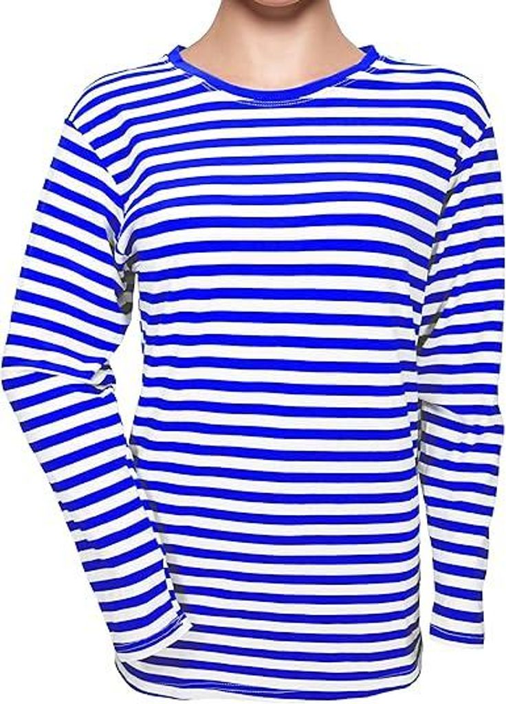 Ringelshirt Damen & Herren | Langarm | blau-weiß gestreift | Rundhals | Karneval & Fasching Kostüm | Baumwolle Stretch Shirt | Gr. 4XL