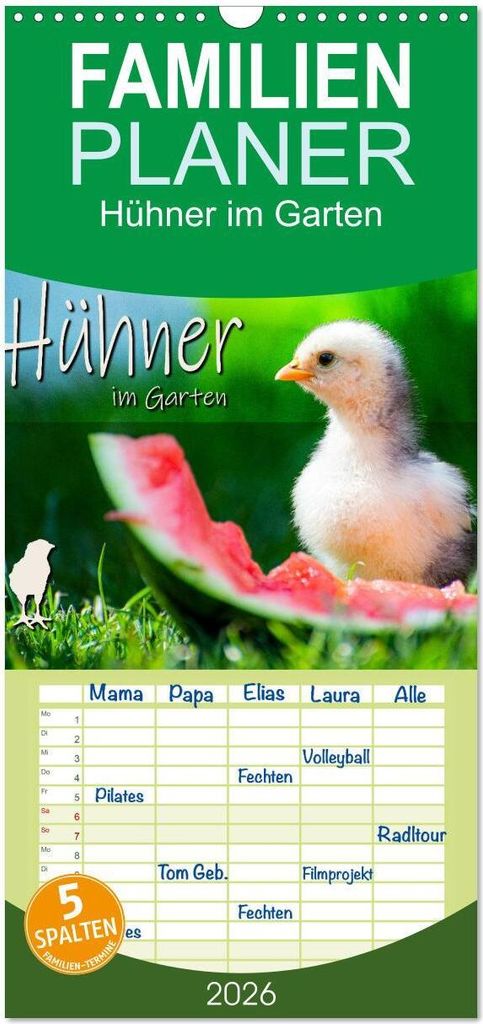 Familienplaner 2026 - Hühner im Garten mit 5 Spalten (Wandkalender, 21 x 45 cm) CALVENDO
